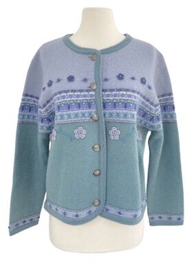 VTG Tally Ho 100% Wool Floral Embellished Blue Cardigan Sweater Large Petite